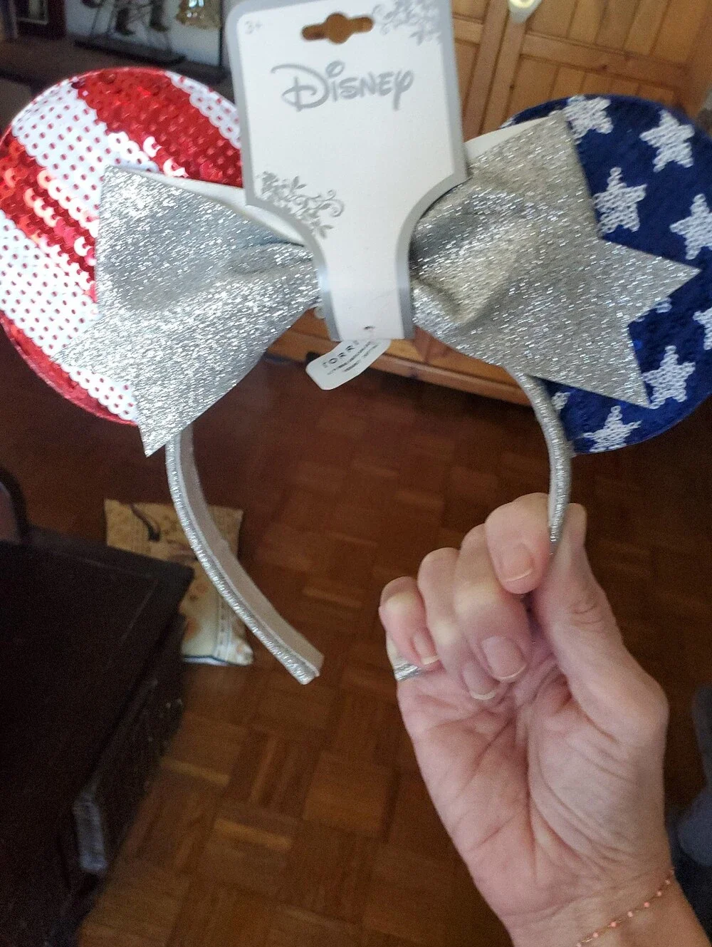 Disney Patriotic Sequin Minnie Ear Headband with Silver Bow